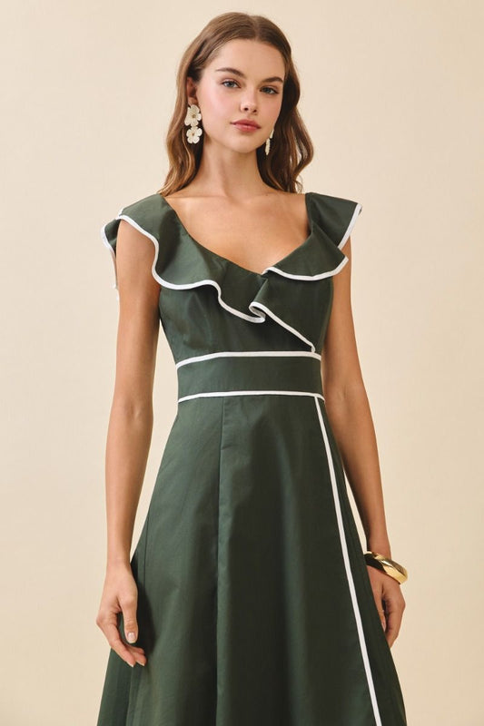 Ruffle Neck w Piping Midi Dress