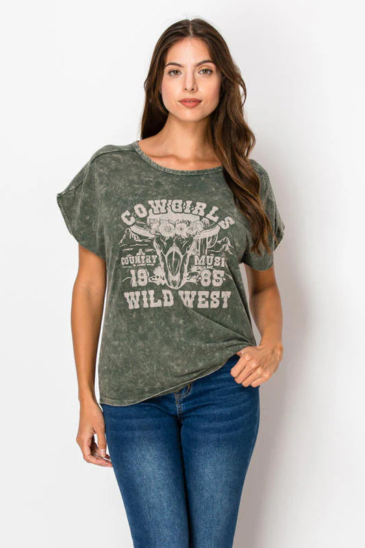 Mineral Wash Top with Print - Olive