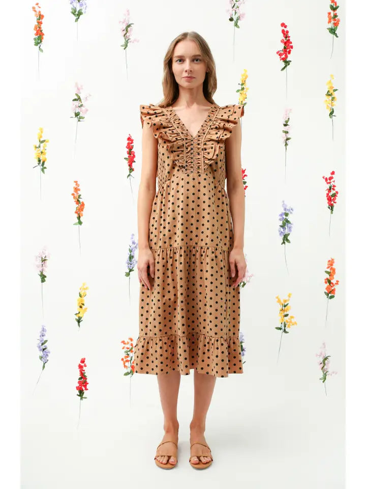 Brown Polka Dot Midi Dress