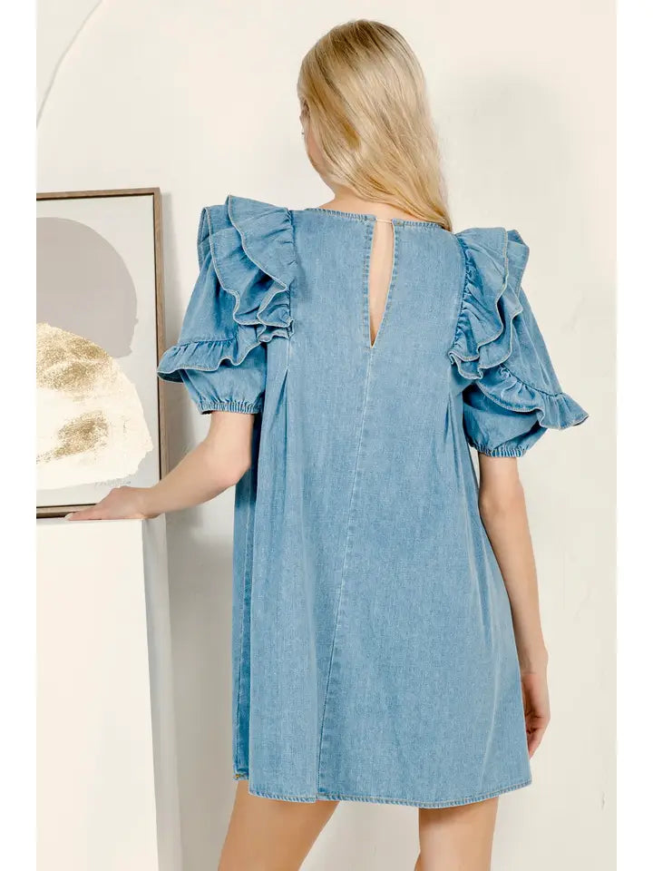 Denim Ruffled Sleeve Swing Dress
