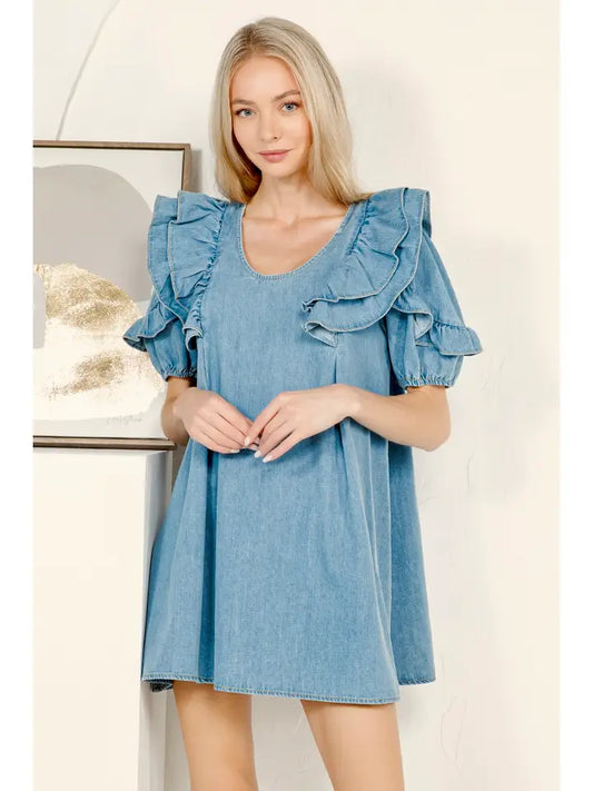Denim Ruffled Sleeve Swing Dress