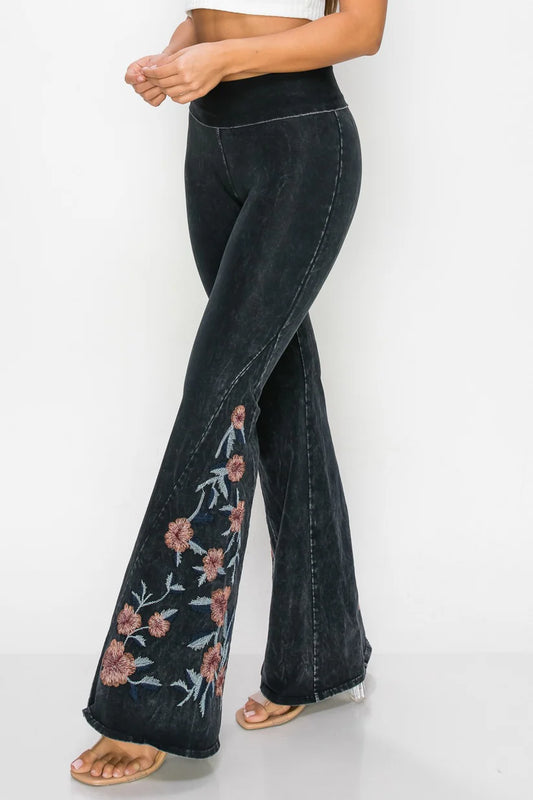 Mineral Wash Floral Embroidery Flare Leg Yoga Pants