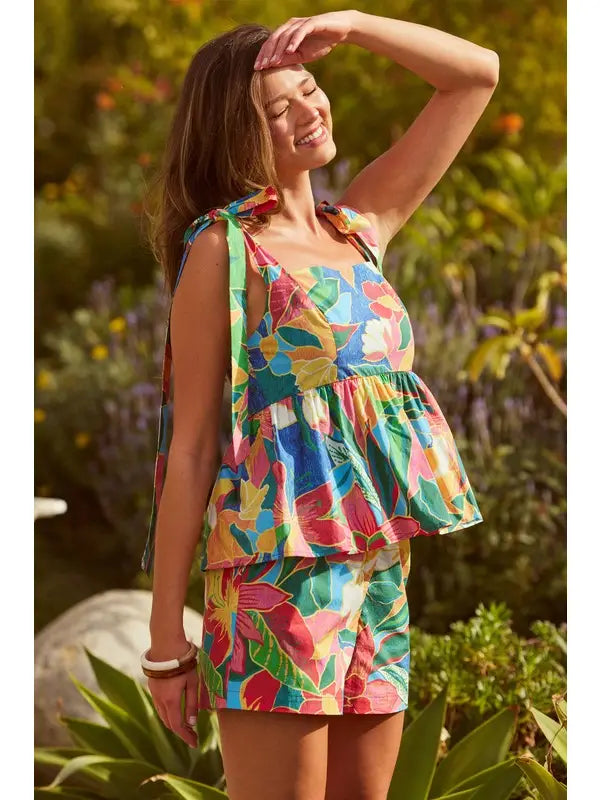 Floral Shoulder Tie Flare Tank