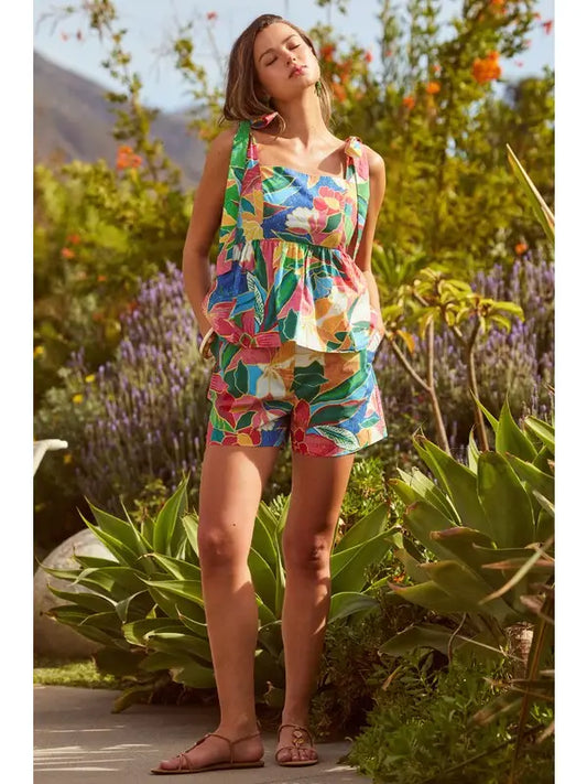 Floral Shoulder Tie Flare Tank