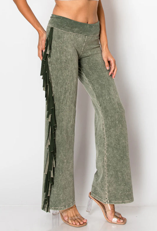Mineral Wash Fringe Yoga Pants - Olive