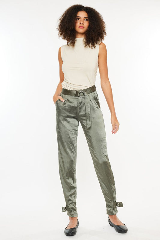 High Rise Belted Jogger Satin Pants