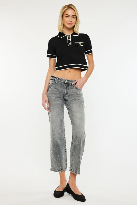Mid Rise Cropped Sparkle Bottom Jeans